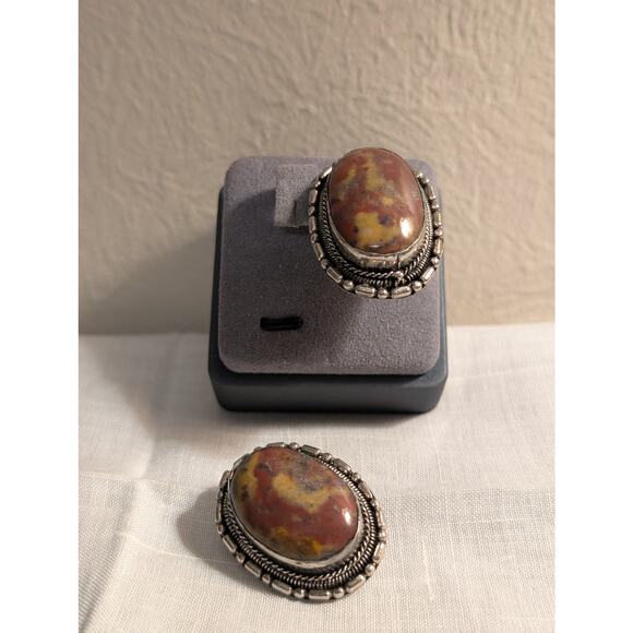 Vintage Large Chunky Bezel Set Jasper Stone Silver Tone Clip On Earrings - Picture 1 of 7